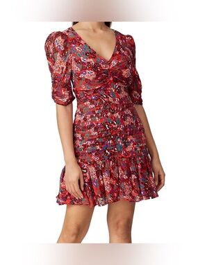 Tanya Taylor Red Multi-Print V-Neck Smocked Mini Dress